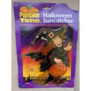 Halloween Sun Catcher-NEW Stained Plastic-Pumpkin Time-KMart Witch Window Decor